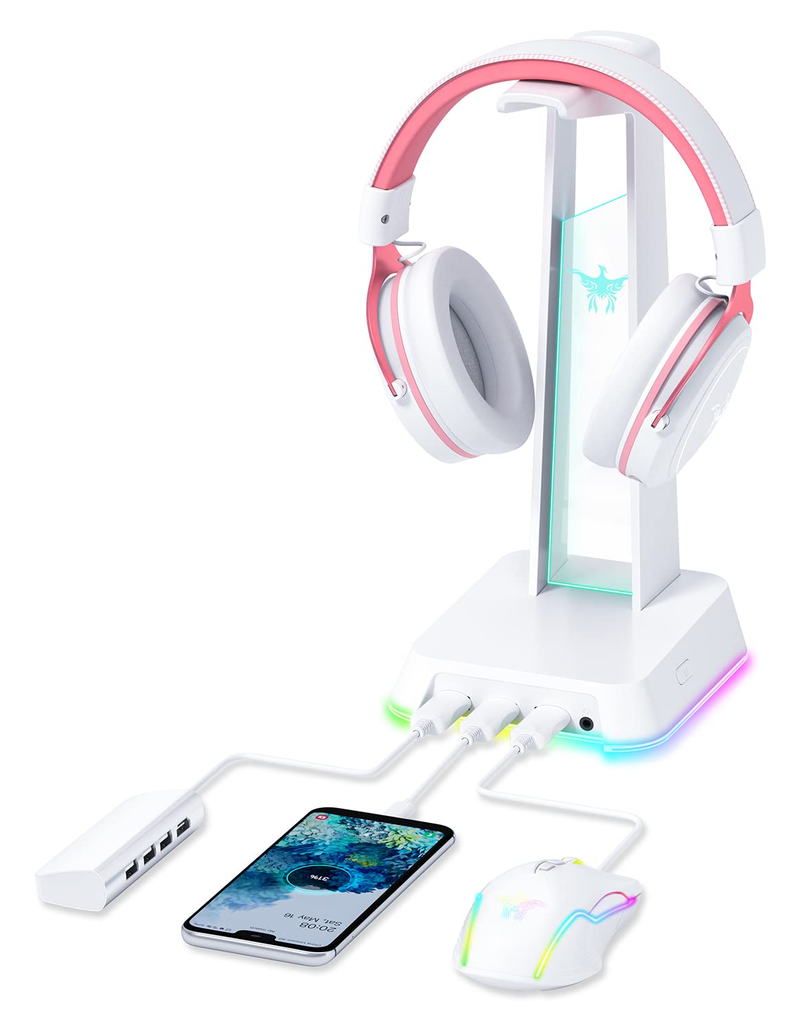 Phnixgam Rgb Headphone Stand With 3.5Mm Aux And 3 Port Usb 2.0 Hub, Universal Gaming Headset Hanger Holder For Computer Gaming G
